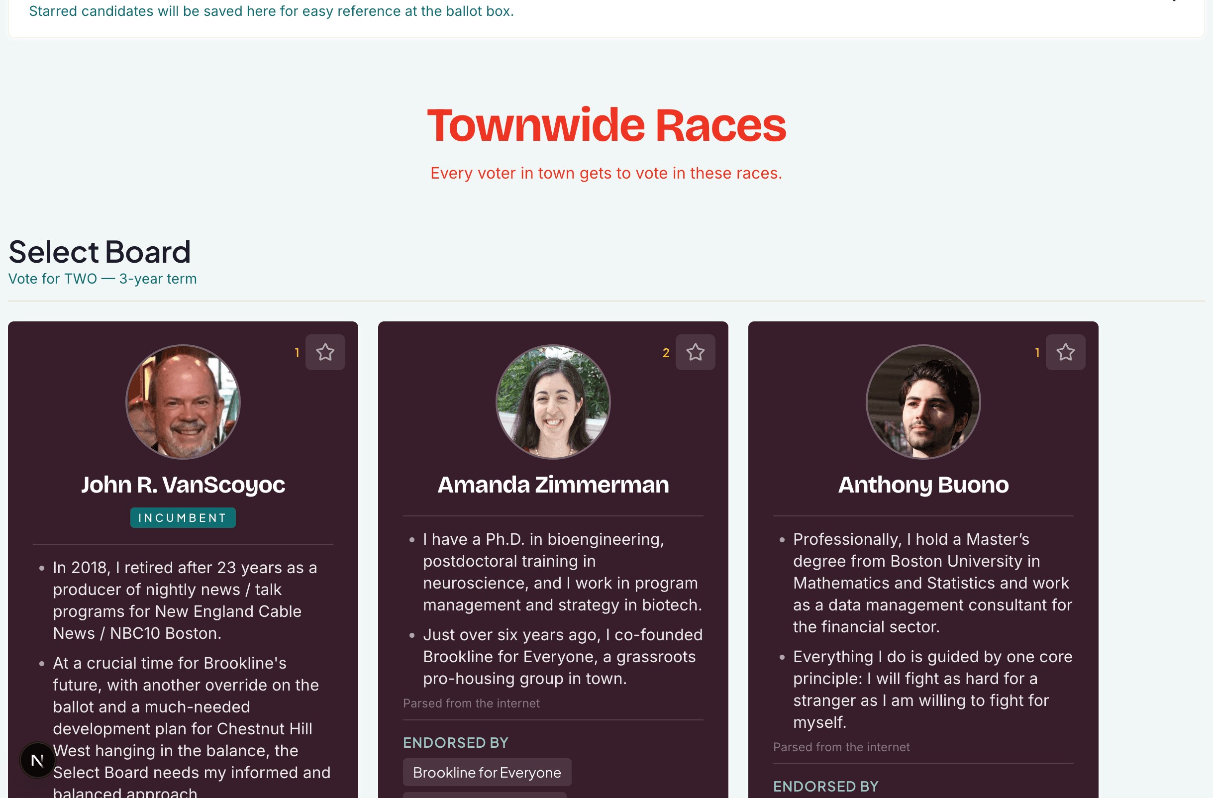The BallotBright voter guide showing townwide races